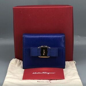 Authentic Salvatore Ferragamo Royal Blue Card Holder Wallet with Bow Accent
